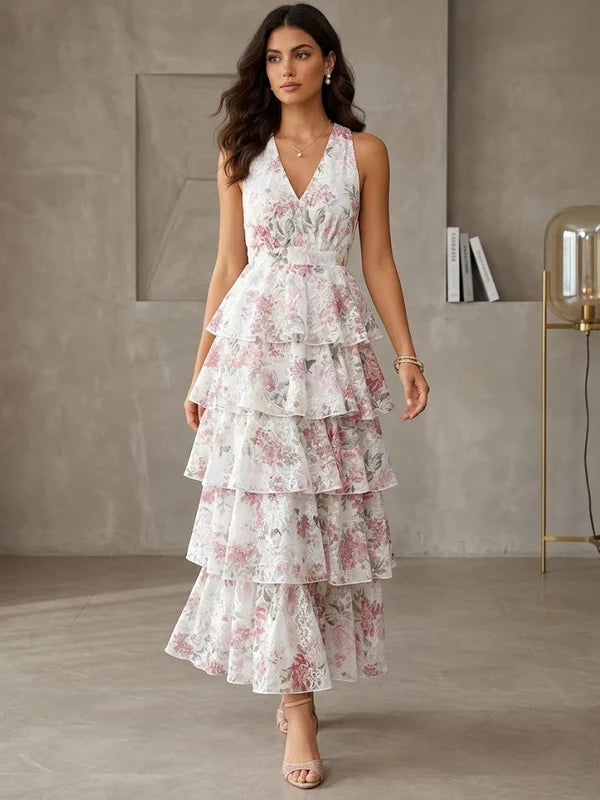 Robe Florale d'Invitée de Mariage en Mousseline Ligne A/Princesse à Col V Longueur Midi Sans Manches à Volants