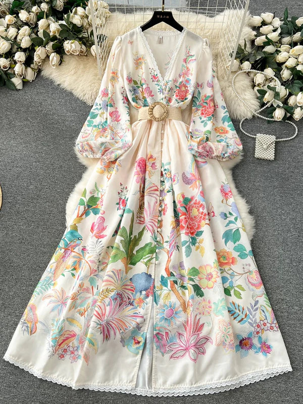 Robe Florale d'Invitée de Mariage Ligne A/Princesse Col V Imprimée Longueur Midi avec Manches Longues et Ceinture
