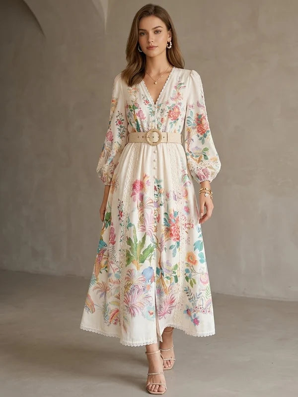 Robe Florale d'Invitée de Mariage Ligne A/Princesse Col V Imprimée Longueur Midi avec Manches Longues et Ceinture