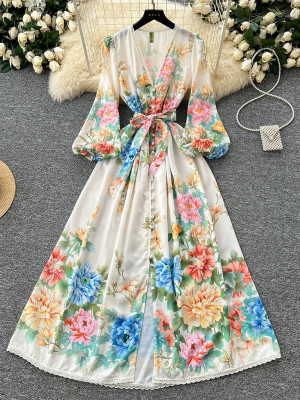 Robe Florale d'Invitée de Mariage Ligne A/Princesse Col V Imprimée Longueur Midi avec Manches Longues et Ceinture