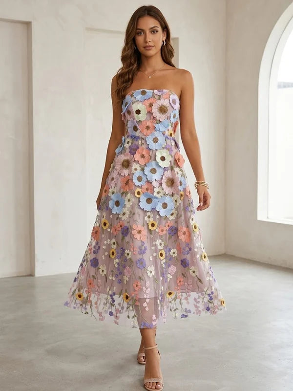 Robe Florale d'Invitée de Mariage Imprimée Ligne A/Princesse Bustier Longueur Midi Sans Manches