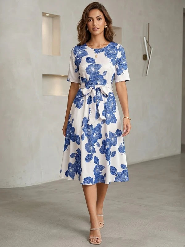 Robe Florale d'Invitée de Mariage Ligne A/Princesse Col Rond Imprimée Longueur Midi avec Manches Courtes et Nœud Papillon