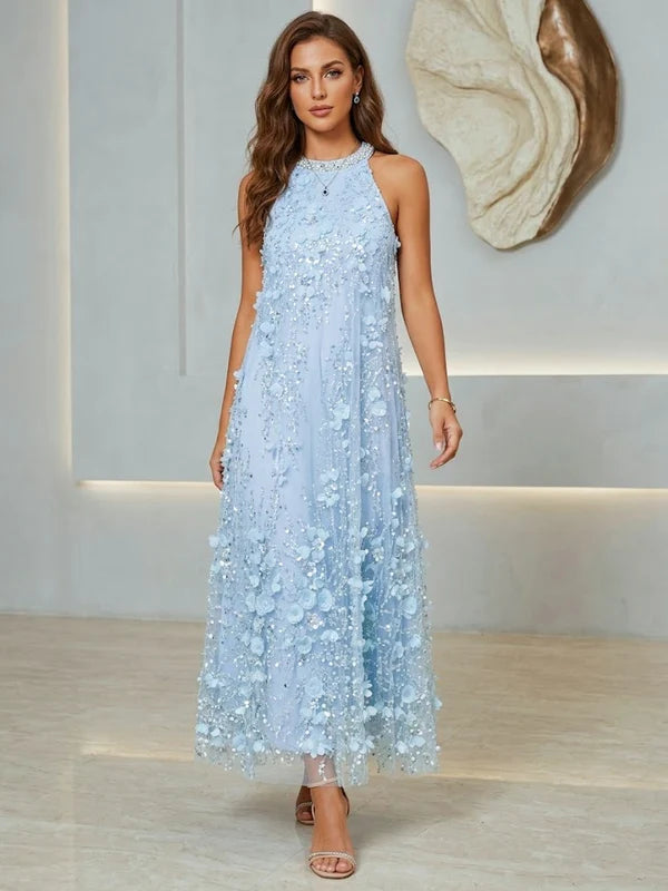 Robe d'Invitée de Mariage Ligne A/Princesse Col Halter en Tulle Longueur Cheville Sans Manches avec Fleurs 3D à Paillettes