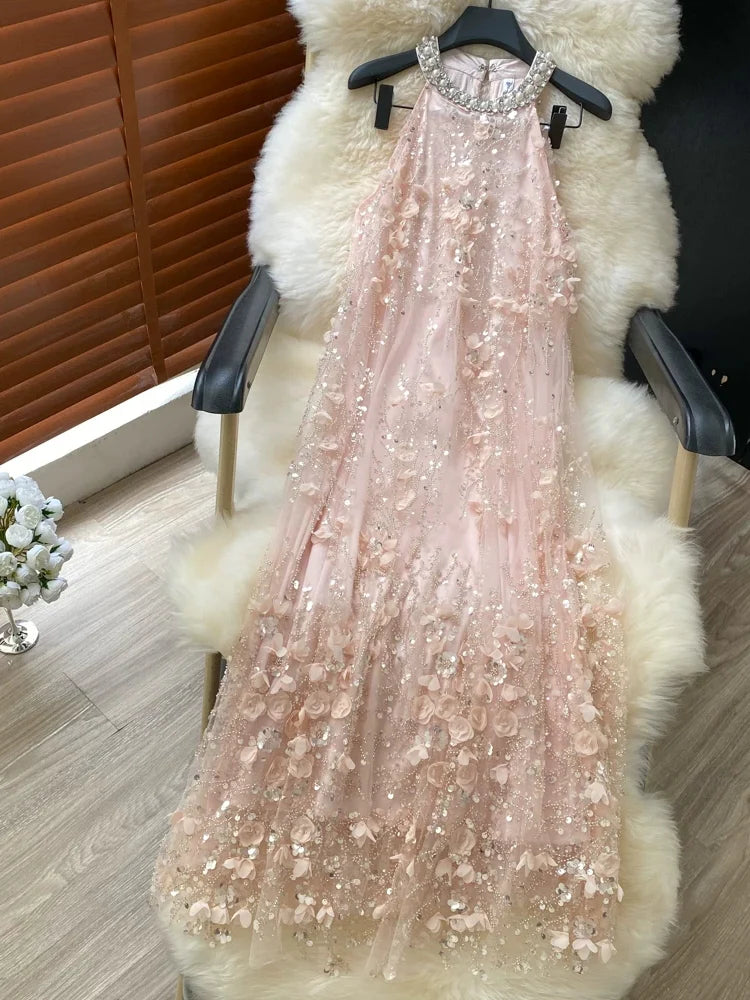 Robe d'Invitée de Mariage Ligne A/Princesse Col Halter en Tulle Longueur Cheville Sans Manches avec Fleurs 3D à Paillettes