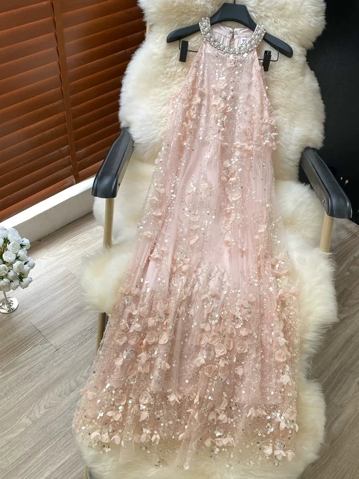 Robe d'Invitée de Mariage Ligne A/Princesse Col Halter en Tulle Longueur Cheville Sans Manches avec Fleurs 3D à Paillettes