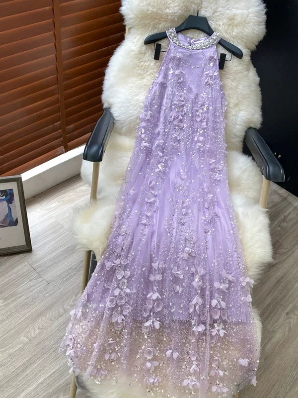 Robe d'Invitée de Mariage Ligne A/Princesse Col Halter en Tulle Longueur Cheville Sans Manches avec Fleurs 3D à Paillettes
