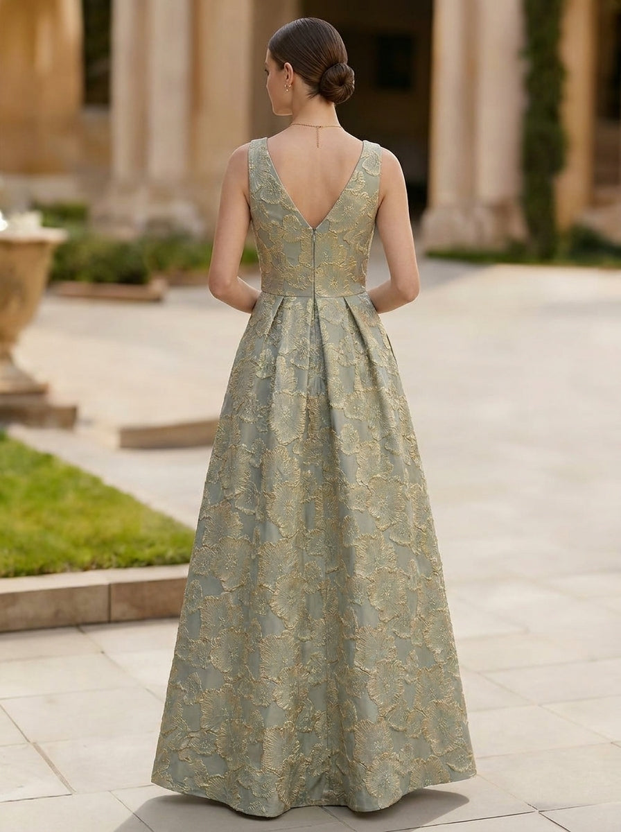 Robe de Soirée Ligne A/Princesse Col en V Jacquard Sans Manches Longueur au Sol Florale