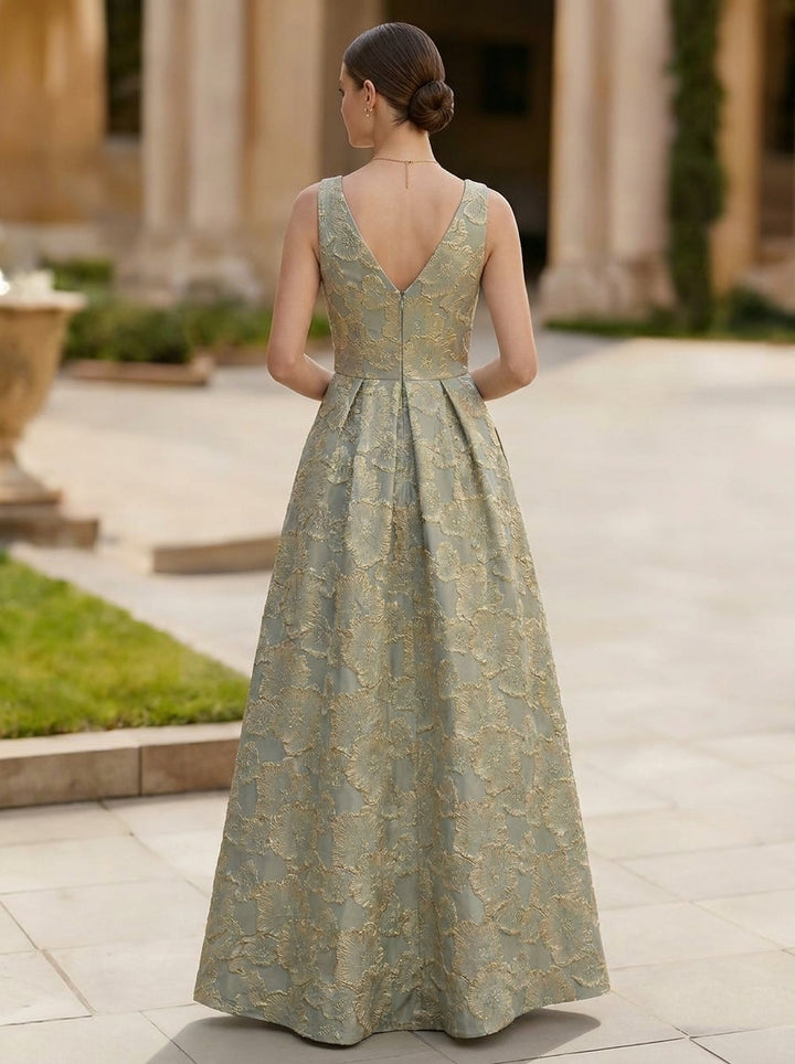 Robe de Soirée Ligne A/Princesse Col en V Jacquard Sans Manches Longueur au Sol Florale