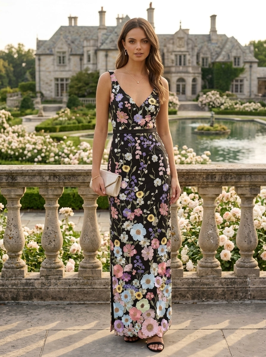 Robe de Soirée Gaine/Colonne Col en V Broderie en Dentelle Sans Manches Longueur de la Cheville Florale