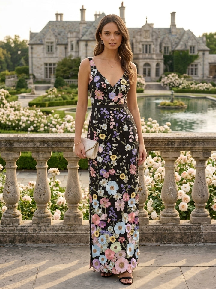 Robe de Soirée Gaine/Colonne Col en V Broderie en Dentelle Sans Manches Longueur de la Cheville Florale