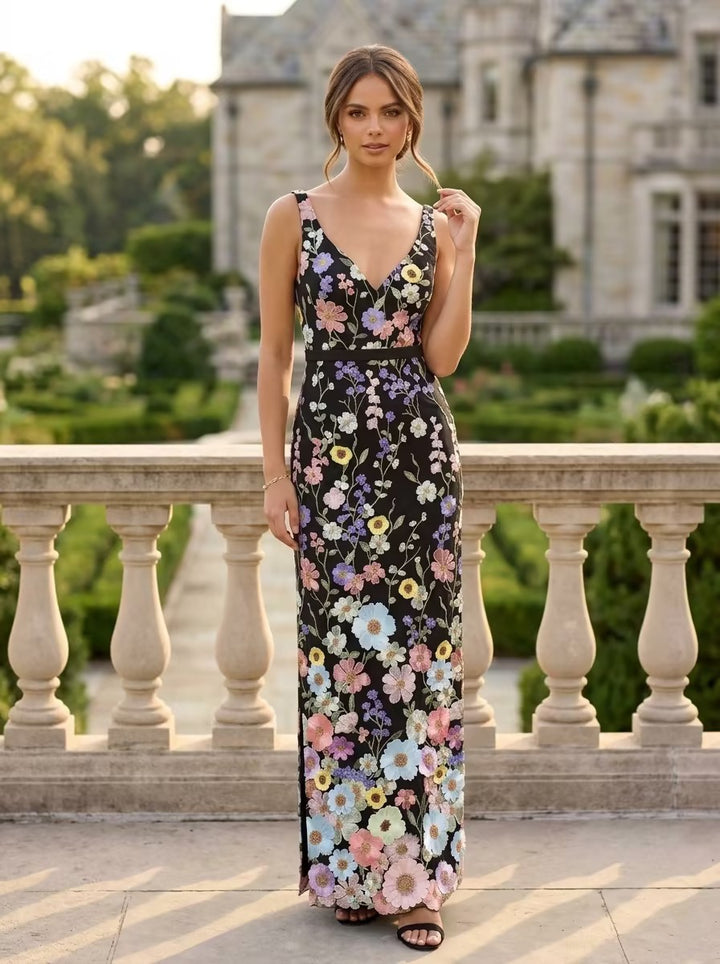 Robe de Soirée Gaine/Colonne Col en V Broderie en Dentelle Sans Manches Longueur de la Cheville Florale