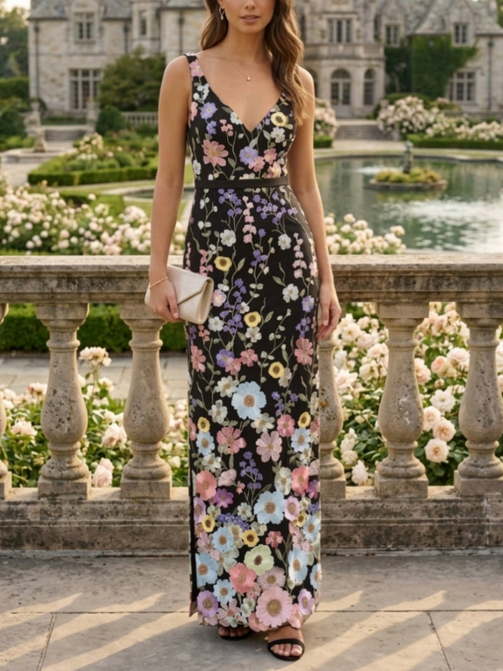 Robe de Soirée Gaine/Colonne Col en V Broderie en Dentelle Sans Manches Longueur de la Cheville Florale