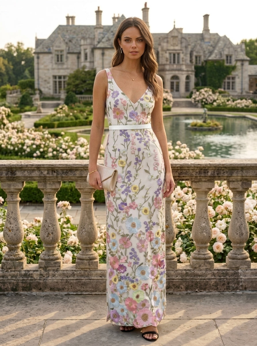 Robe de Soirée Gaine/Colonne Col en V Broderie en Dentelle Sans Manches Longueur de la Cheville Florale