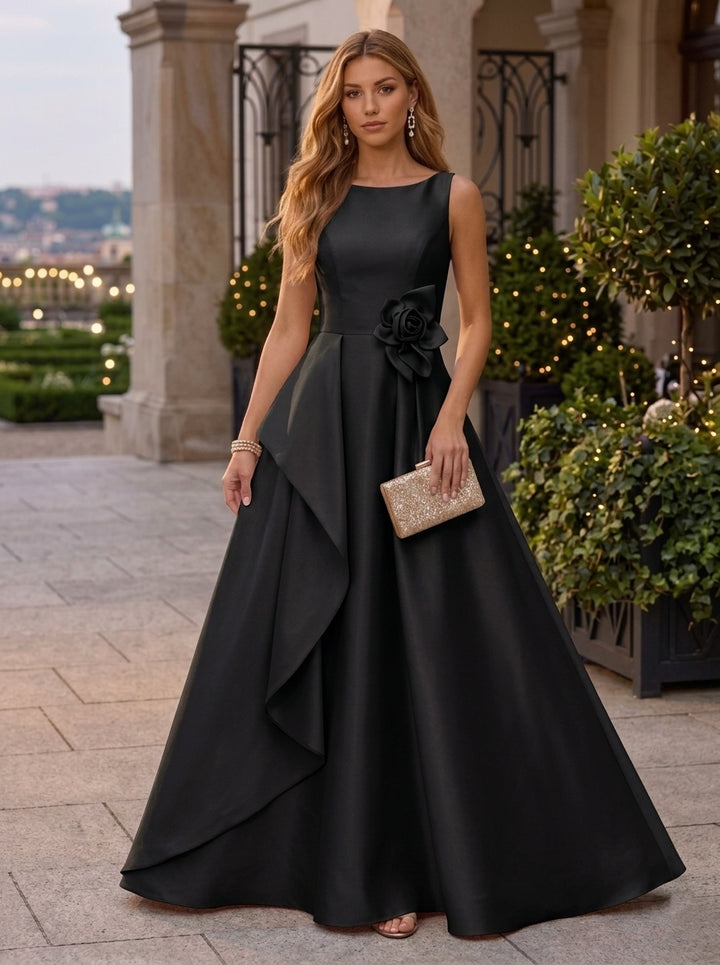 Robe de Soirée Ligne A/Princesse Col Rond Satin Sans Manches Longueur au Sol 3D Fleurs à Volants