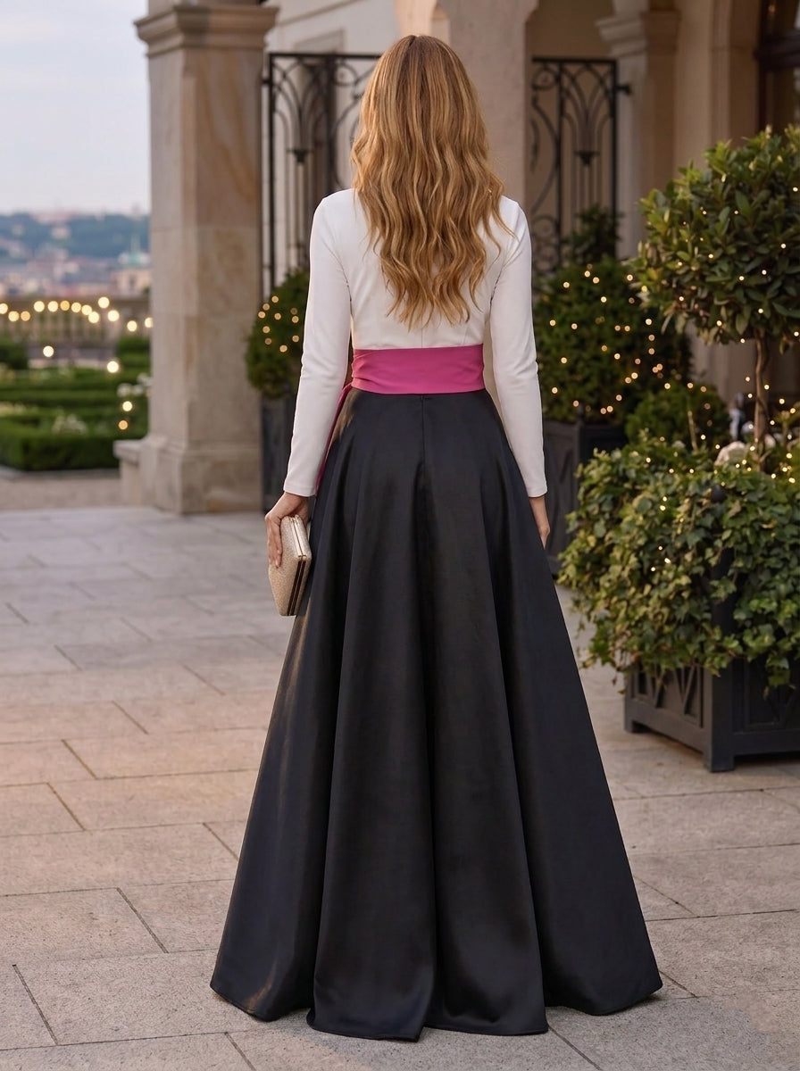 Robe de Soirée Ligne A/Princesse Col en V Satin  Manches Longues Longueur au Sol Nœud Papillon
