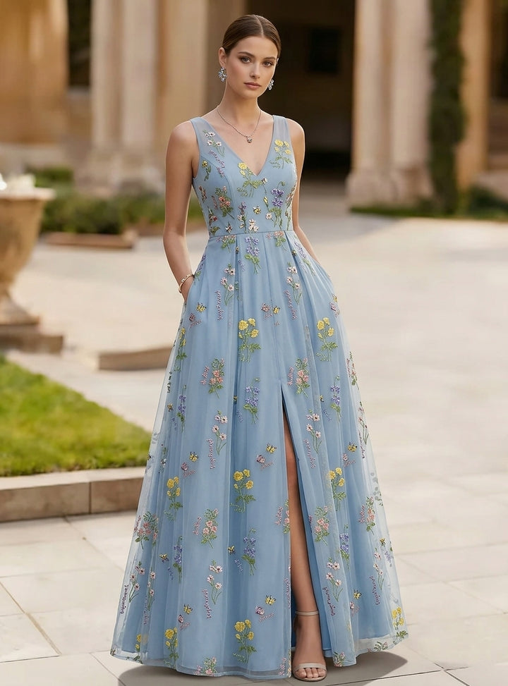 Robe de Soirée Ligne A/Princesse Col en V Mousseline Sans Manches Longueur au Sol Florale
