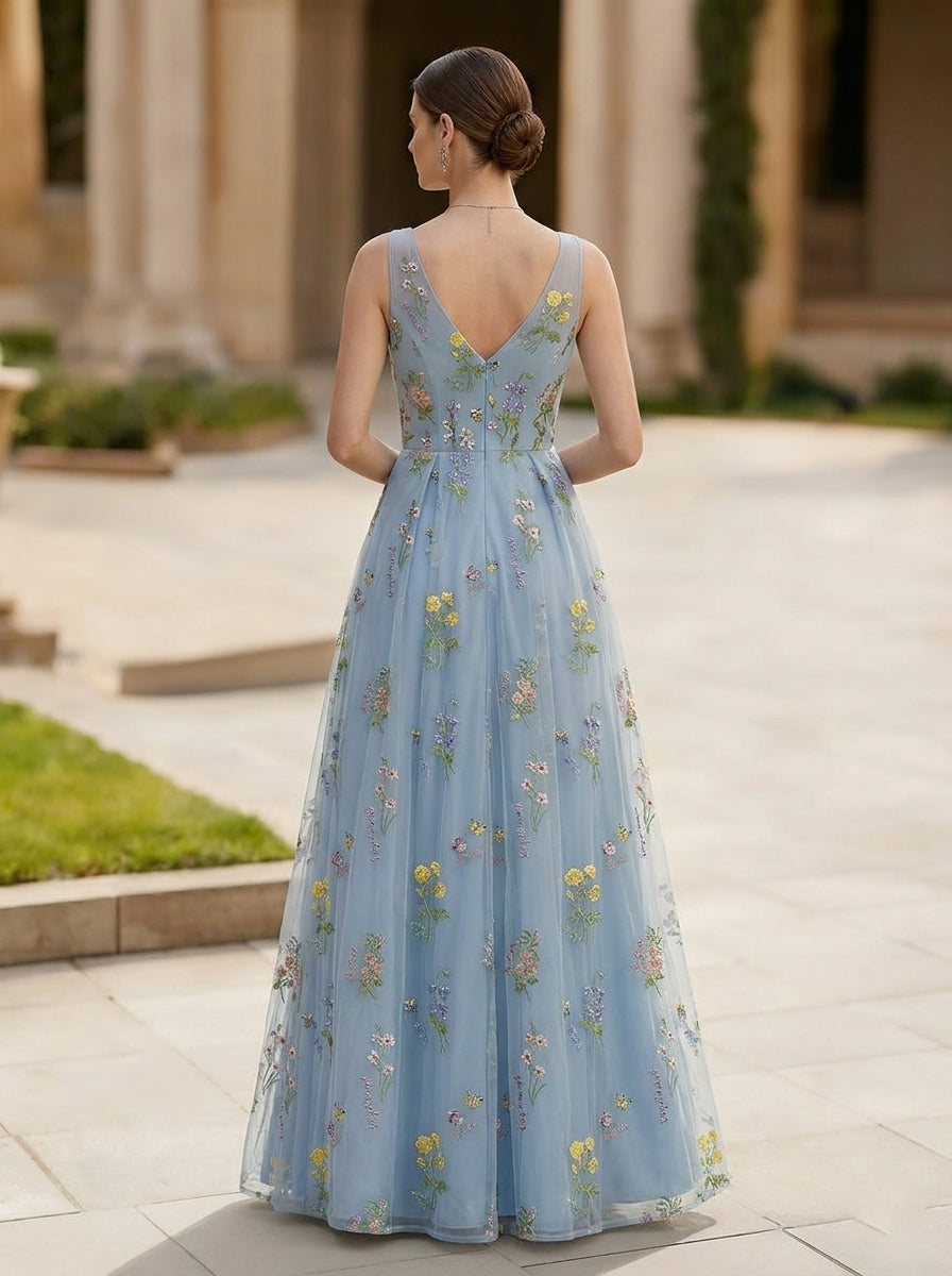 Robe de Soirée Ligne A/Princesse Col en V Mousseline Sans Manches Longueur au Sol Florale