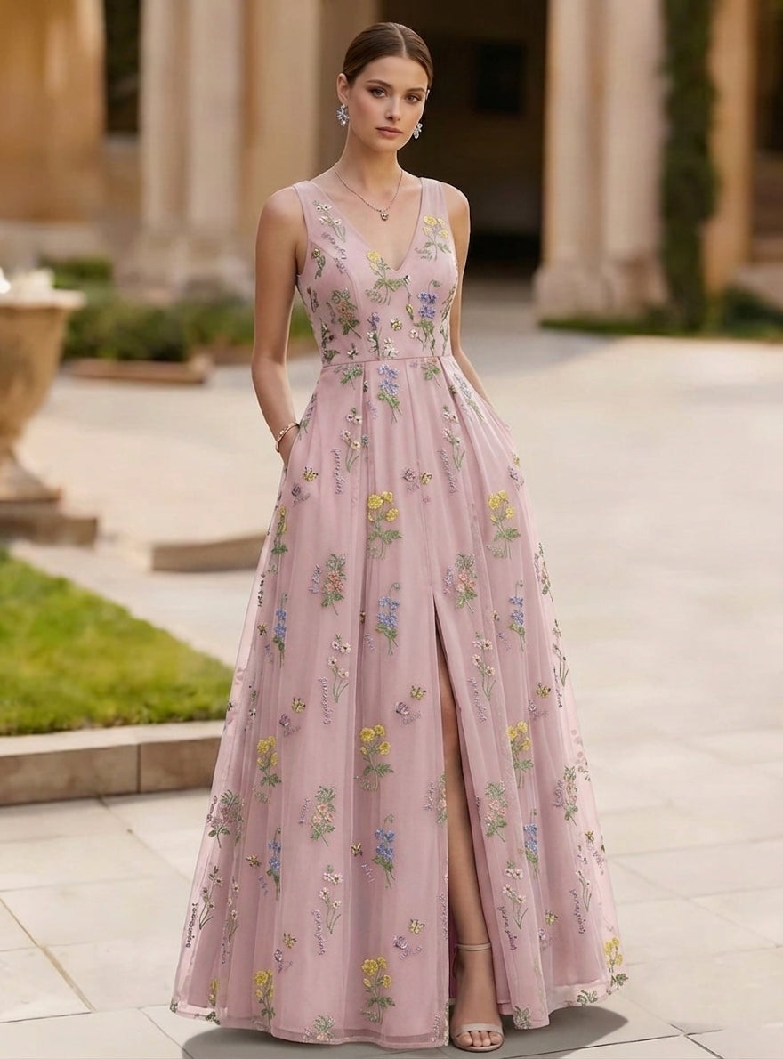 Robe de Soirée Ligne A/Princesse Col en V Mousseline Sans Manches Longueur au Sol Florale