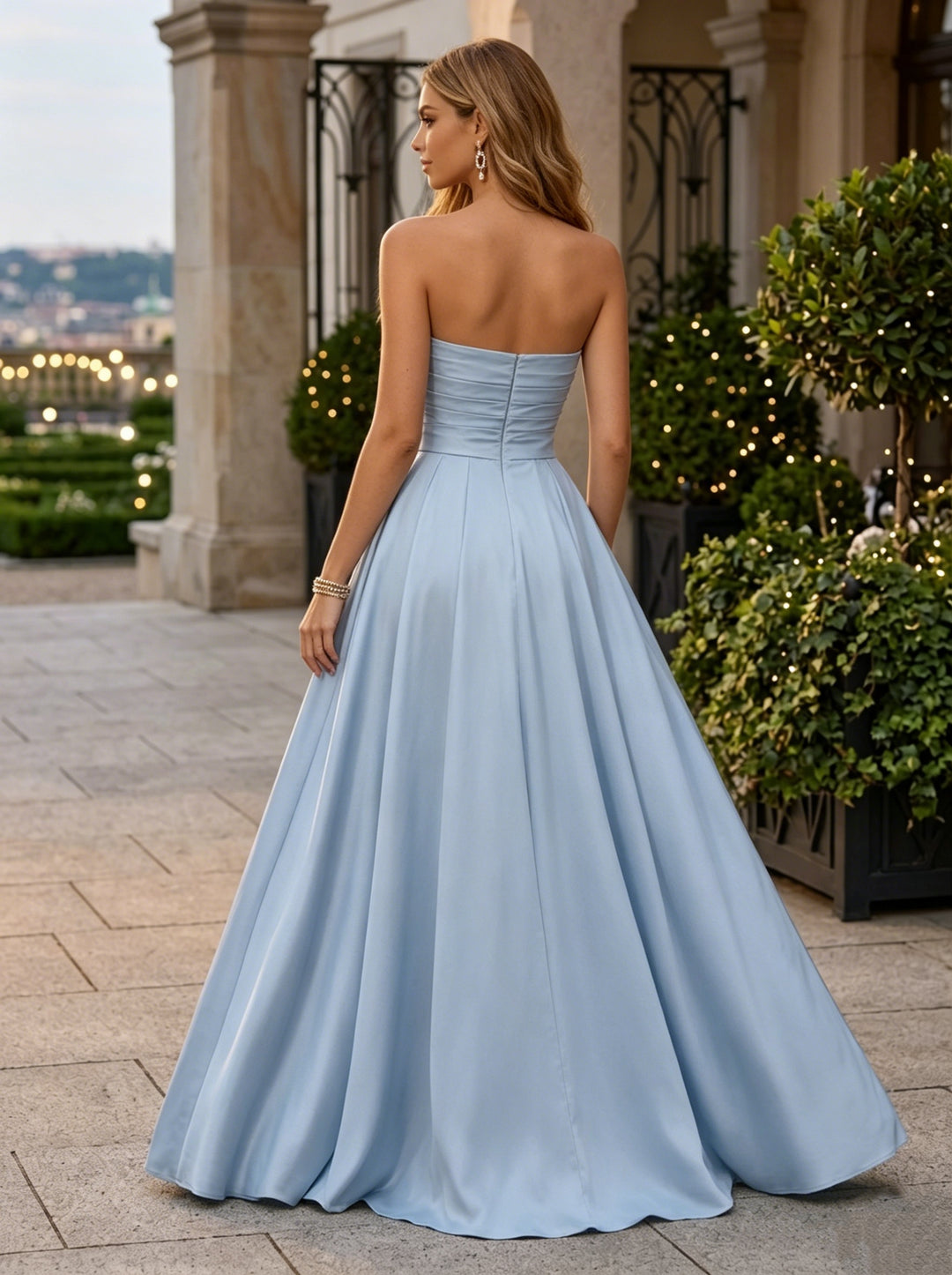 Robe de Soirée Ligne A/Princesse Bustier Satin Sans Manches Longueur au Sol  Nœud Papillon