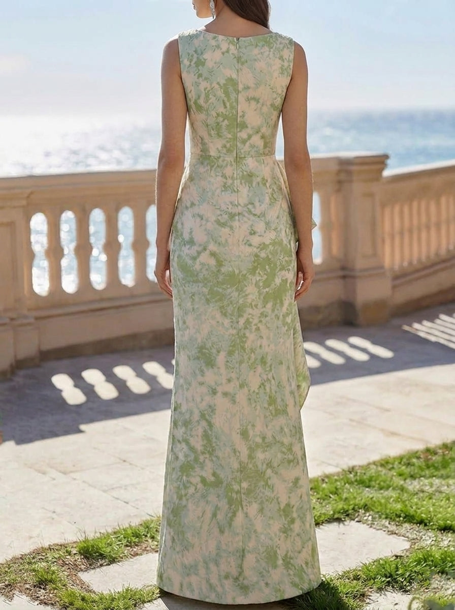 Robe de Soirée Gaine/Colonne Col Rond Jacquard Sans Manches Longueur au Sol à Volants