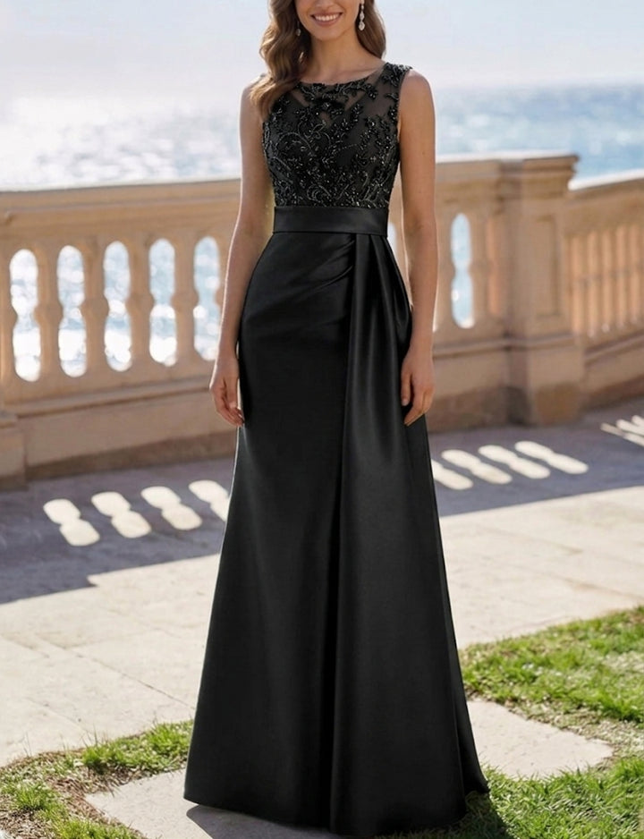Robe de Soirée Ligne A/Princesse Col Rond Satin Sans Manches Longueur au Sol  à Paillettes en Dentelle