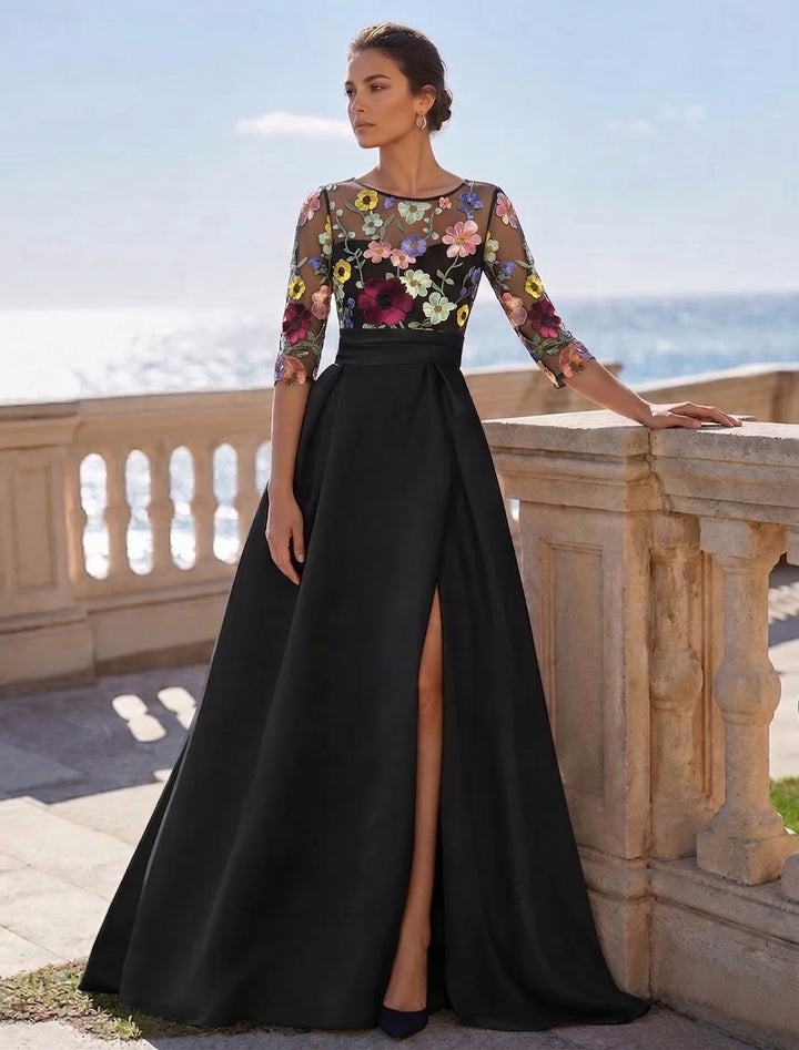 Robe de Soirée Ligne A/Princesse Col Rond Satin Manches 3/4 Longueur au Sol en Dentelle Flroale