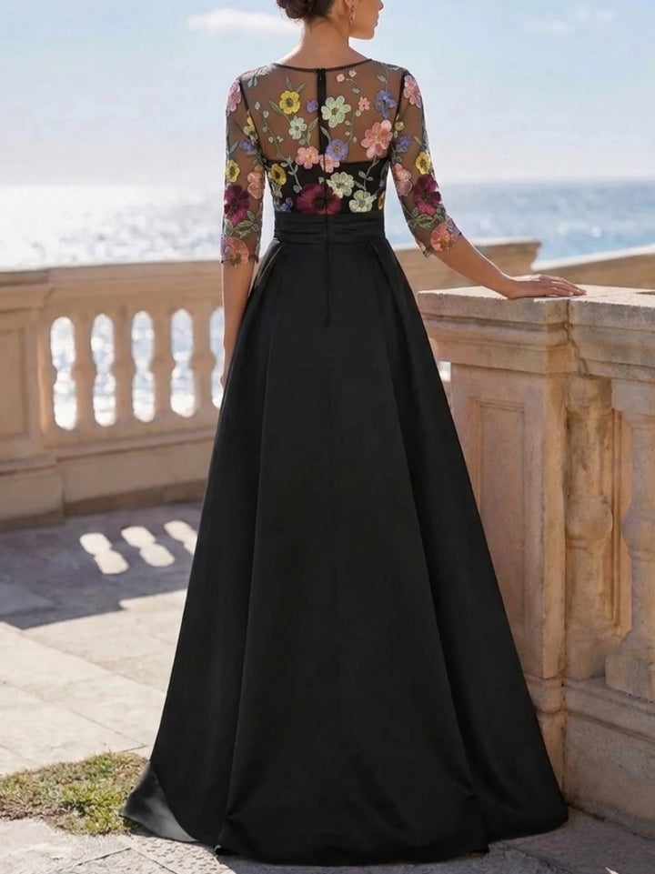 Robe de Soirée Ligne A/Princesse Col Rond Satin Manches 3/4 Longueur au Sol en Dentelle Flroale