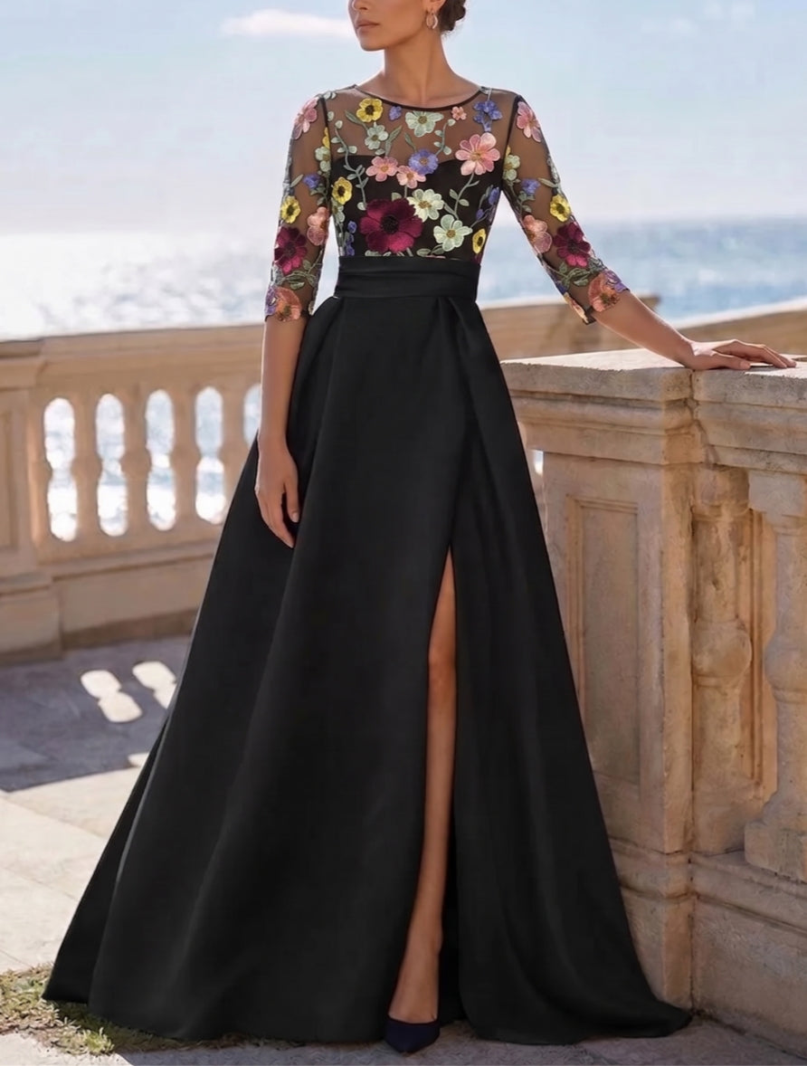 Robe de Soirée Ligne A/Princesse Col Rond Satin Manches 3/4 Longueur au Sol en Dentelle Flroale