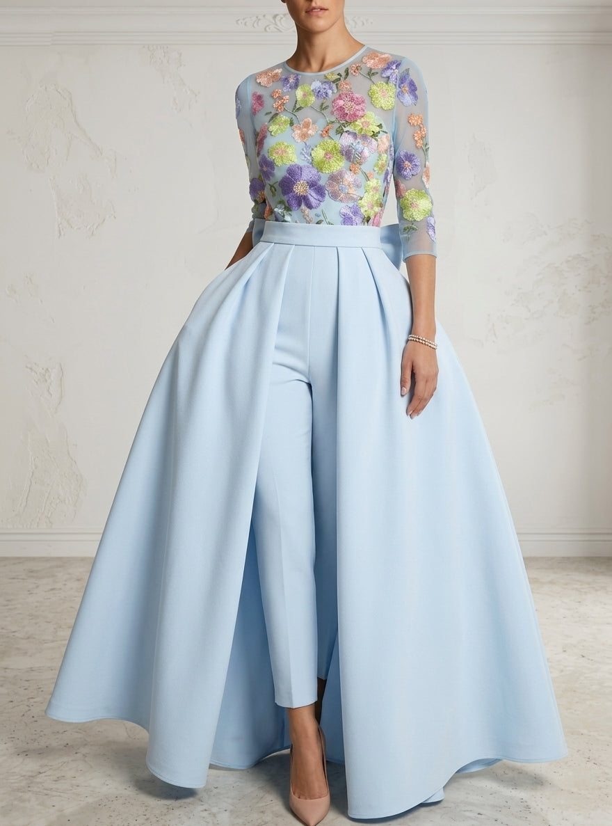 Robe de Soirée Combinaison Col Rond Élastique Manches 3/4 Longueur de la Cheville Florale avec Nœud Papillon