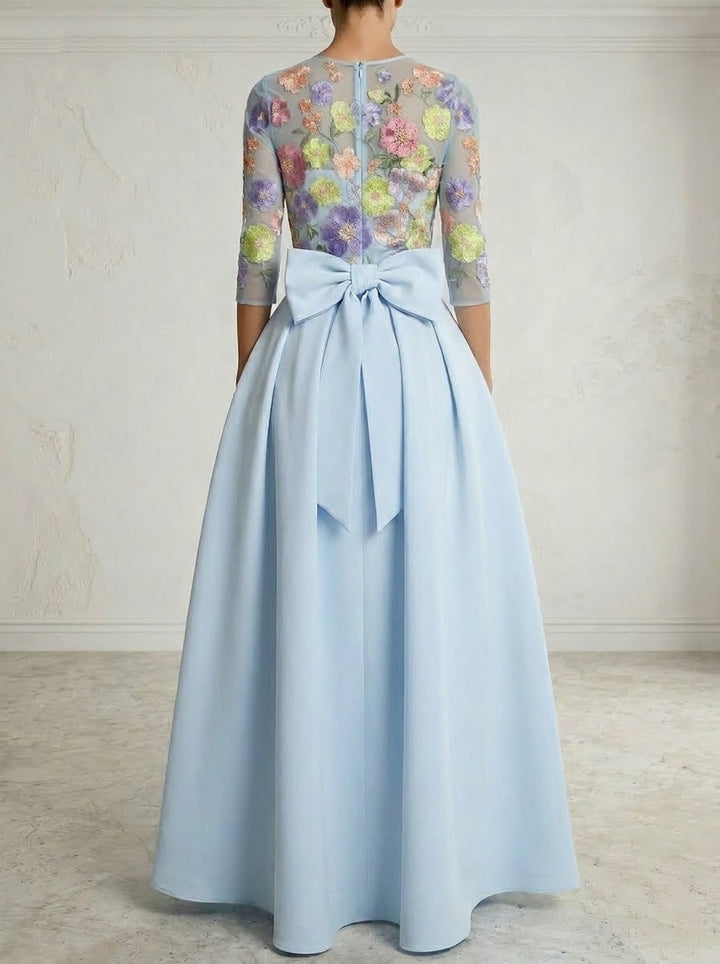 Robe de Soirée Combinaison Col Rond Élastique Manches 3/4 Longueur de la Cheville Florale avec Nœud Papillon