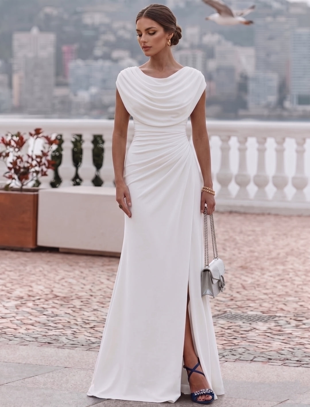 Robe de Soirée Ligne A/Princesse Col Drapé Mousseline Élastique Sans Manches Longueur au Sol Froncée Fente Latérale