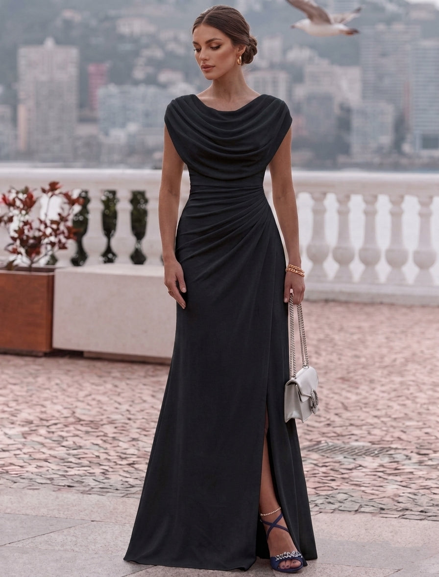 Robe de Soirée Ligne A/Princesse Col Drapé Mousseline Élastique Sans Manches Longueur au Sol Froncée Fente Latérale