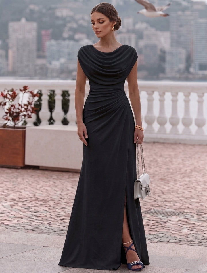 Robe de Soirée Ligne A/Princesse Col Drapé Mousseline Élastique Sans Manches Longueur au Sol Froncée Fente Latérale
