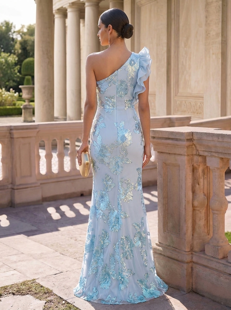 Robe soirée fourreau une épaule, dentelle broderie, sans manches, floral, longueur sol