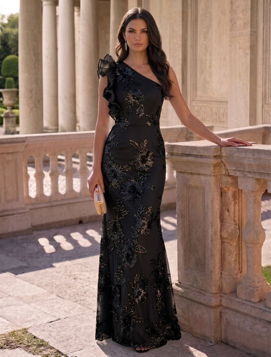 Robe soirée fourreau une épaule, dentelle broderie, sans manches, floral, longueur sol
