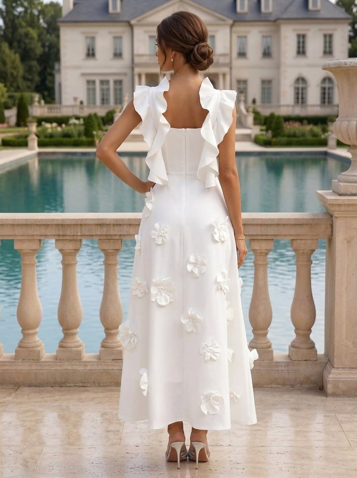 Robe cocktail en Satin Élastique, Ligne A/Princesse, Col en V, Fleurs 3D, Sans Manches, Longueur du Thé, Petite Robe Blanche formelle