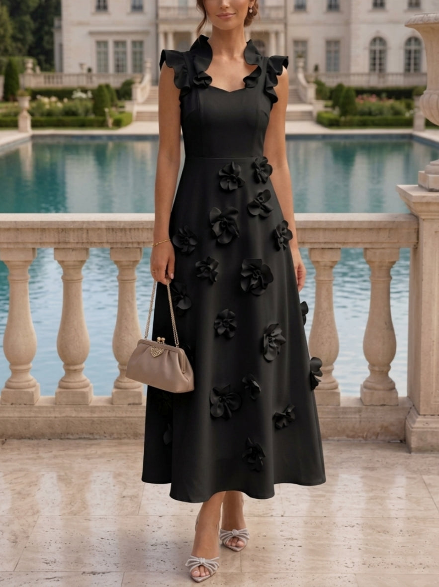 Robe cocktail en Satin Élastique, Ligne A/Princesse, Col en V, Fleurs 3D, Sans Manches, Longueur du Thé, Petite Robe Blanche formelle