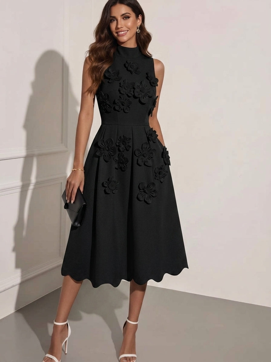 Robe cocktail en satin stretch, coupe princesse/A-line, col montant, fleurs 3D, sans manches, longueur mi-mollet, petite robe blanche formell