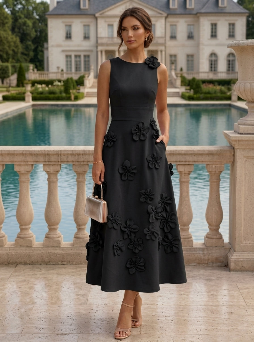 Robe Cocktail, Ligne A/Princesse, Col Rond, Sans Manches, Longueur du Thé, Satin Élastique, 3D Fleurs