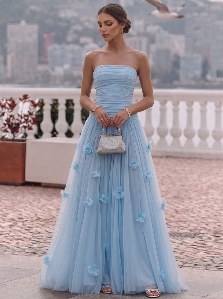 Robe de Soirée Ligne A/Princesse Bustier Tulle Sans Manches Longueur au Sol Florale