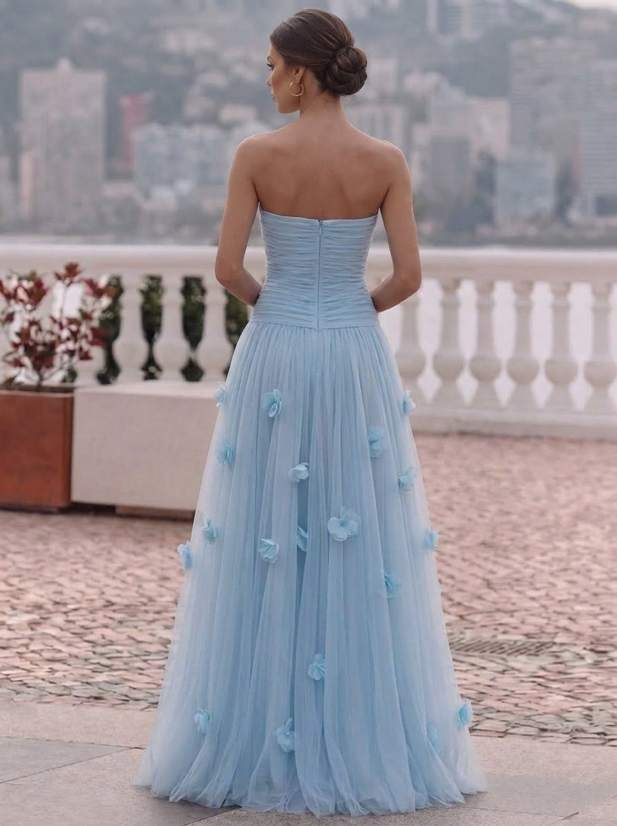 Robe de Soirée Ligne A/Princesse Bustier Tulle Sans Manches Longueur au Sol Florale