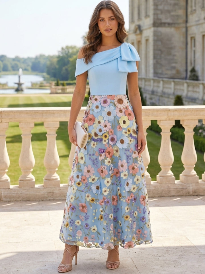 Robe Cocktail Ligne A, Épaule Unique, Sans Manches, Longueur de la Cheville, Floral