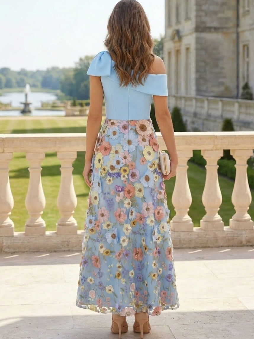 Robe Cocktail Ligne A, Épaule Unique, Sans Manches, Longueur de la Cheville, Floral