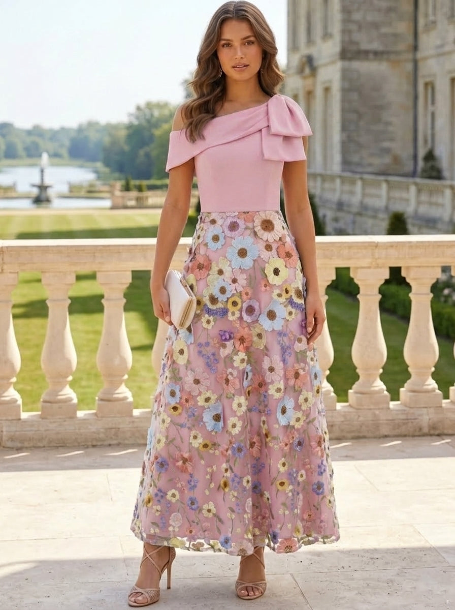 Robe Cocktail Ligne A, Épaule Unique, Sans Manches, Longueur de la Cheville, Floral