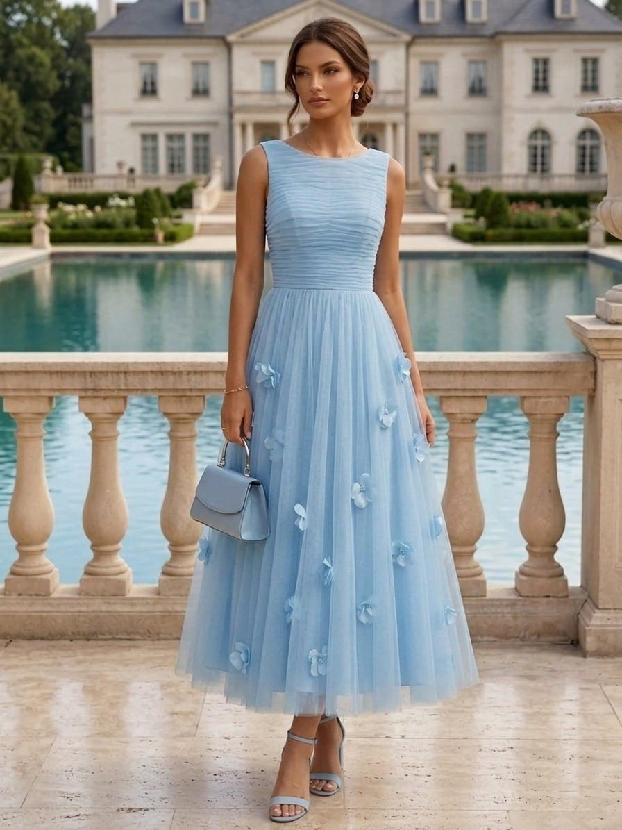 Robe Cocktail Ligne A, Col Rond, Tulle, Sans Manches, Longueur de la Cheville, Avec 3D Fleurs