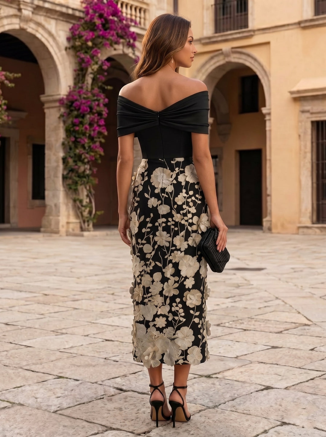 Robe Cocktail, Gaine/Colonne, Hors de l'épaule, Satin Élastique, Sans Manches, Longueur du Thé, Avec 3D Fleurs
