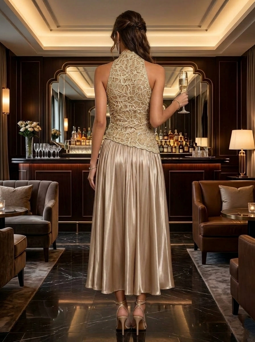 Robe Cocktail Ligne A/Princesse, Col Montant, Sans Manches, Longueur du Thé, Dentelle, Satin de Soie