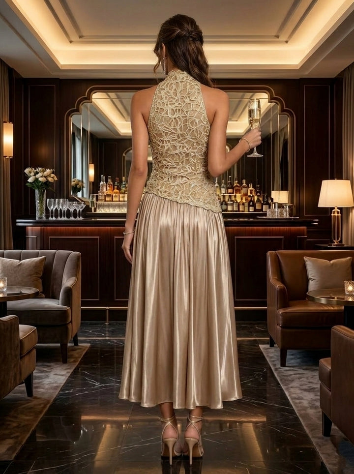 Robe Cocktail Ligne A/Princesse, Col Montant, Sans Manches, Longueur du Thé, Dentelle, Satin de Soie