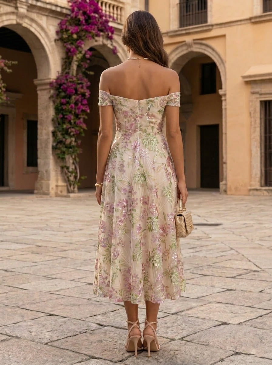 Robe Cocktail, Ligne A/Princesse, Hors de l'épaule, Sans Manches, Longueur du Thé, Paillettes, Florale