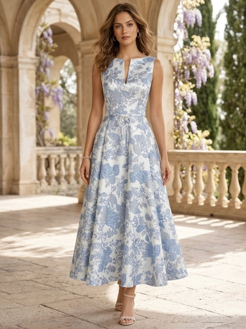 Ligne A/Princesse Col en V Jacquard Robe Cocktail Florale Longueur du Thé Sans Manches Formelle